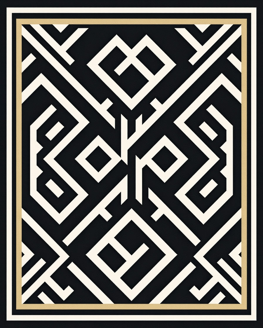 Black Geometric Maze Lines Rug