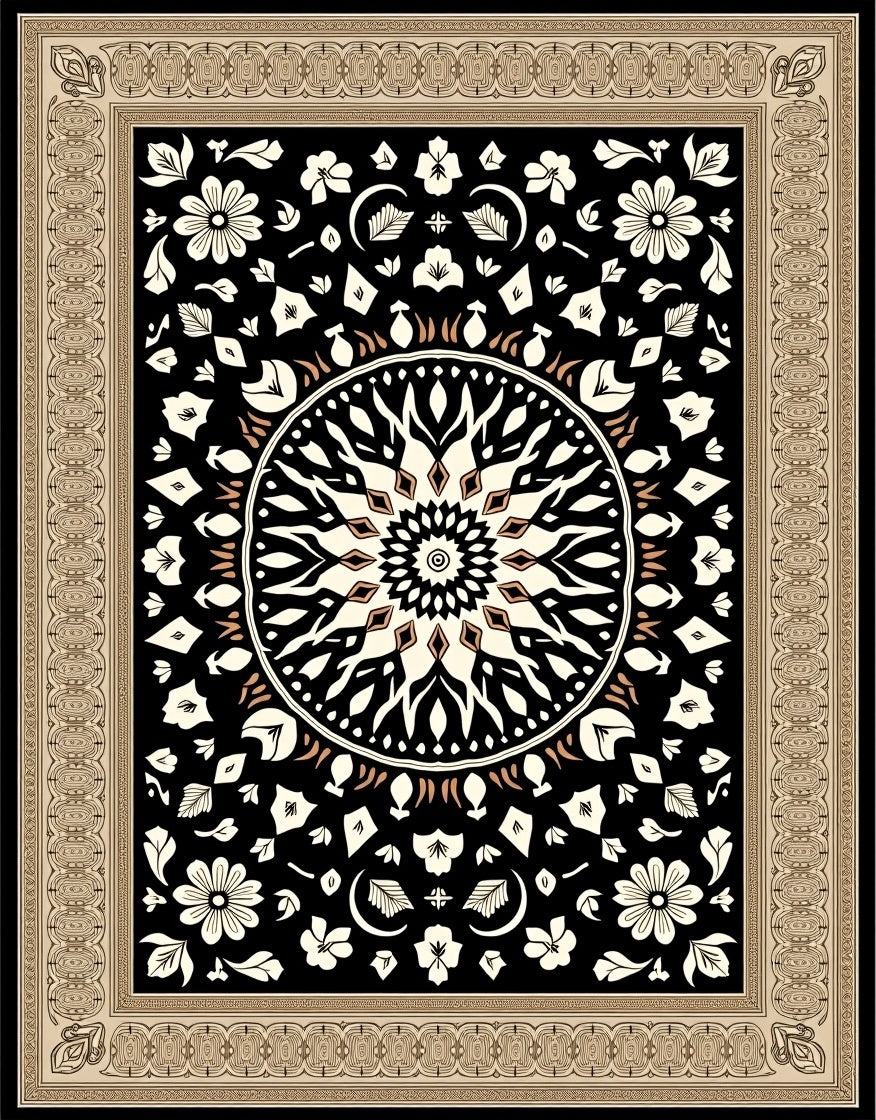 Floral Medallion Cream Black Border Rug