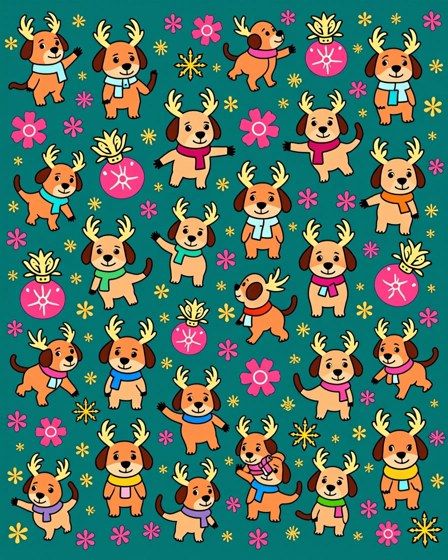 Whimsical Dog Reindeer Christmas Floral Rug