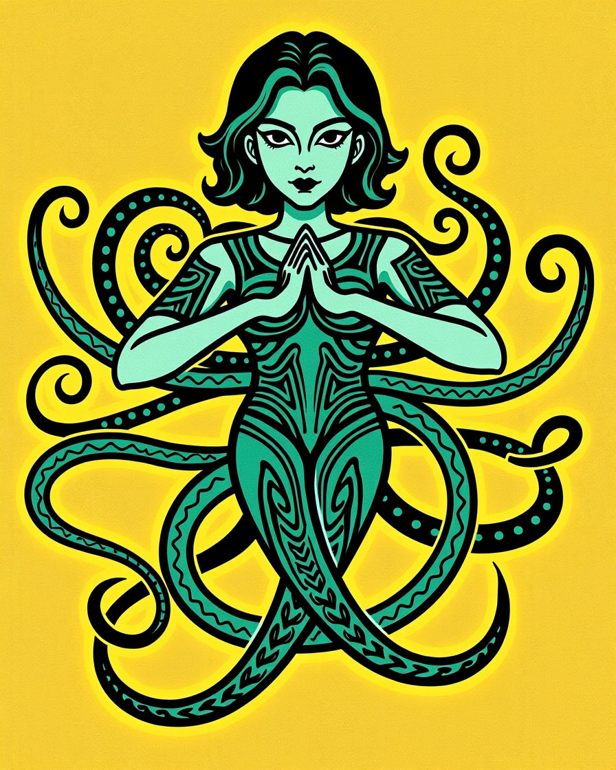 Teal Female Octopus Yellow Background Rug