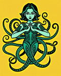Teal Female Octopus Yellow Background Rug