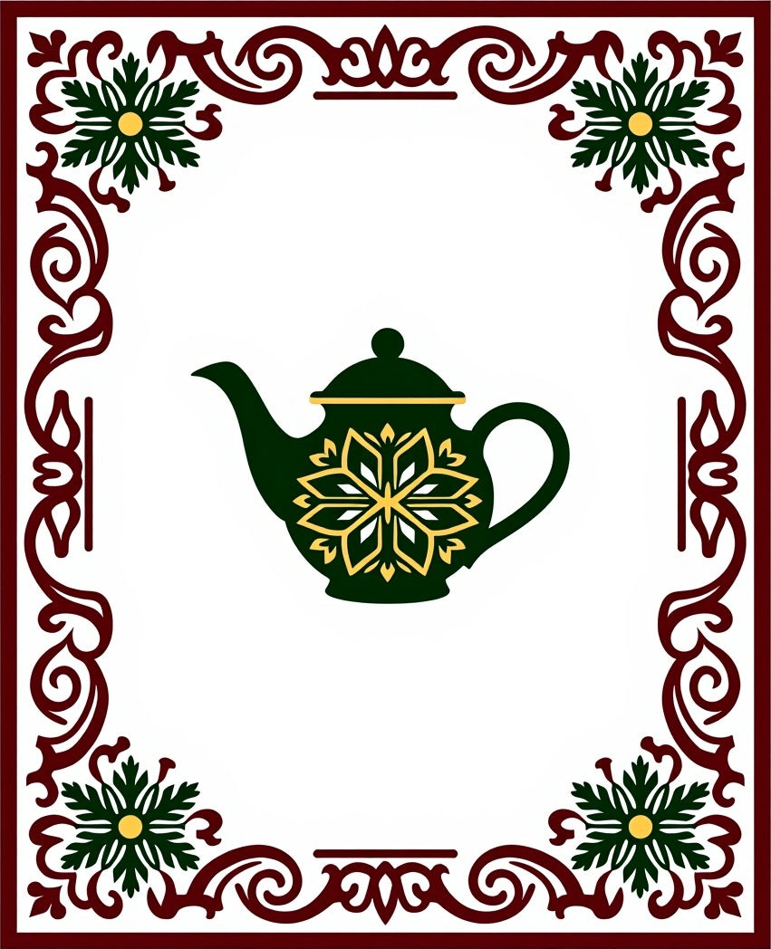 Ornate Teapot Green Gold Border Rug