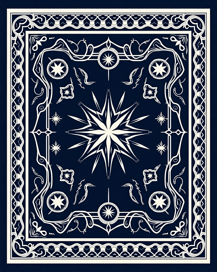 Elegant Navy Starburst Celestial Emblem Rug