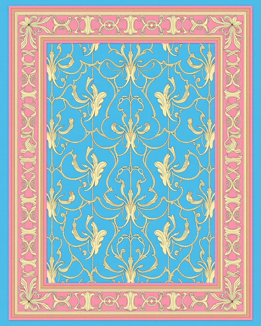 Baroque Gold Blue Pink Medallion Border Rug