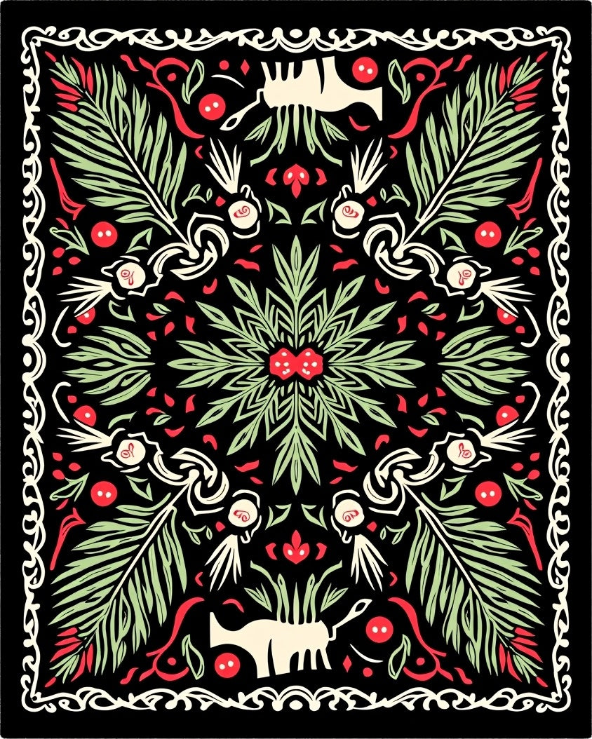 Black Red Green Botanical Animals Medallion Rug