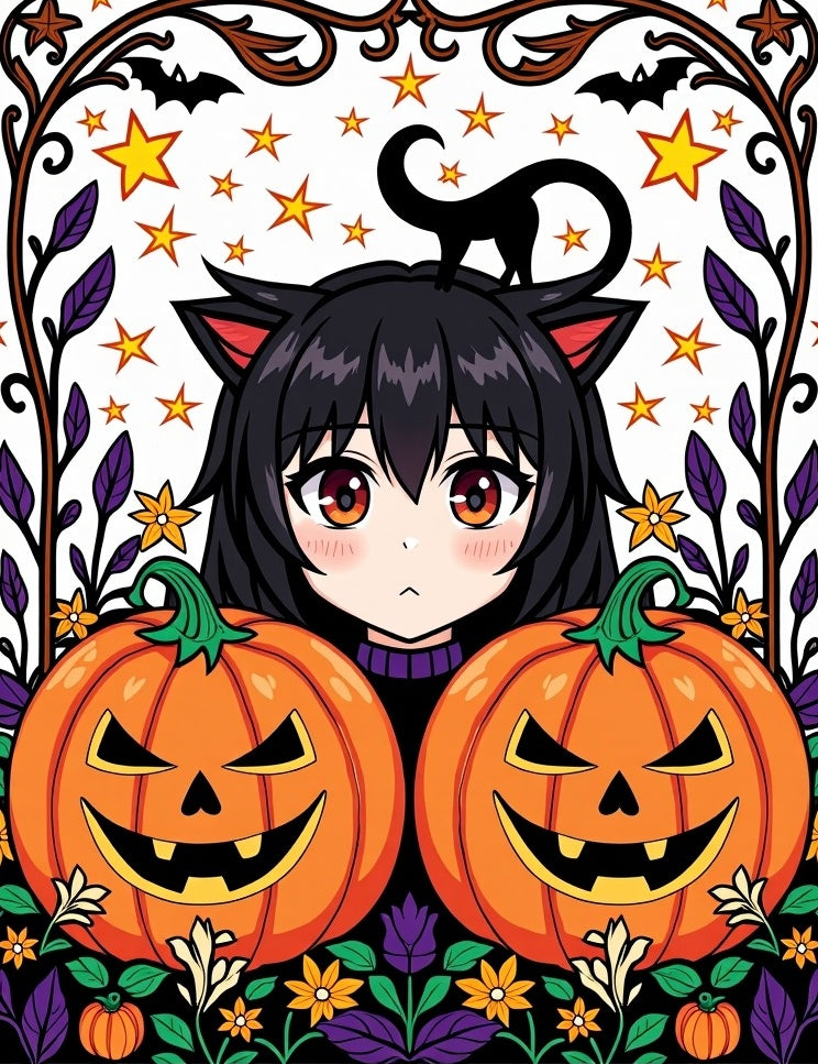 Anime Cat Girl Pumpkin Halloween Arrangement Rug