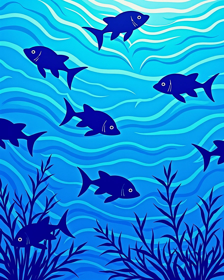 Deep Blue Schooling Fish Underwater Rug