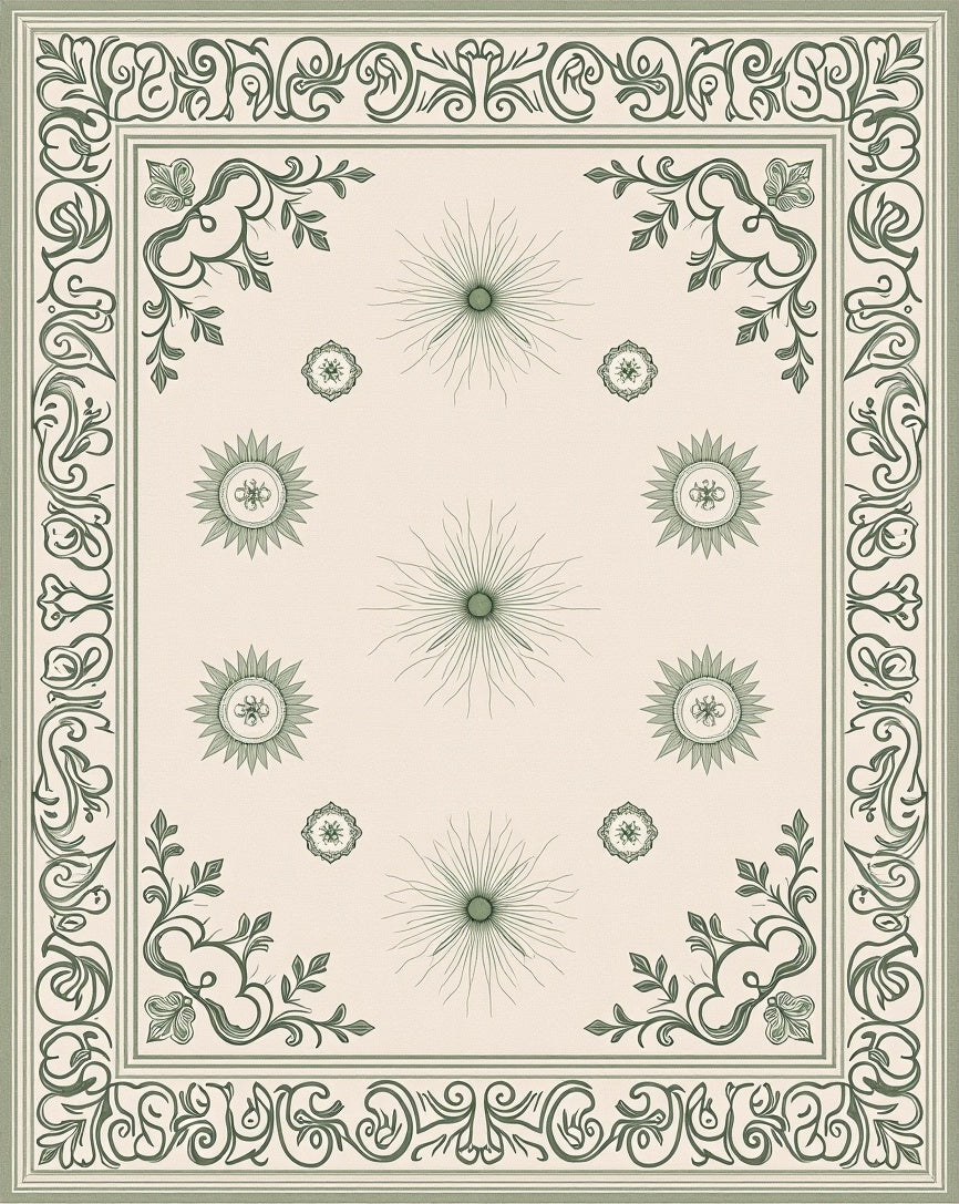 Green Floral Vine Medallion Border Rug