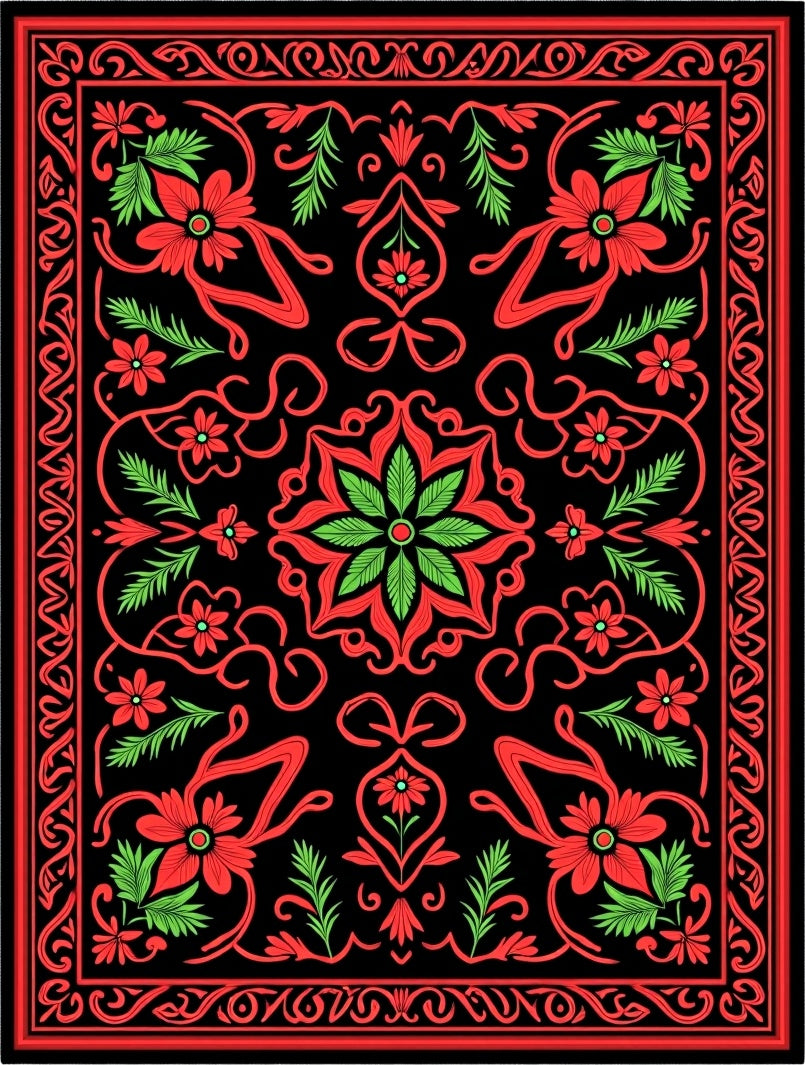 Crimson Floral Swirls Black Rug