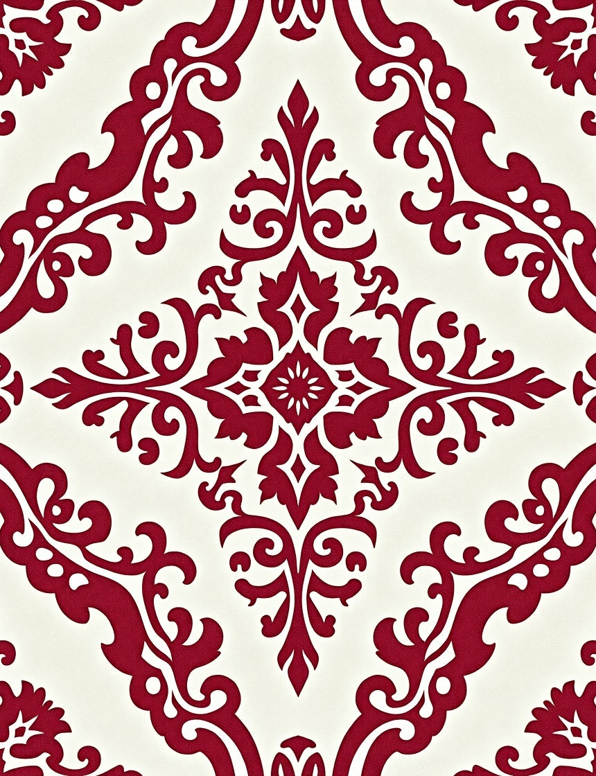 Rich Scarlet Damask Scrollwork Medallion Rug