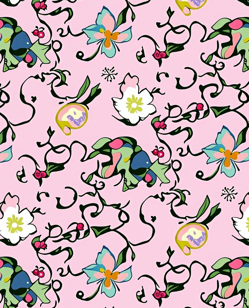 Whimsical Pink Floral Vine Swirl Rug