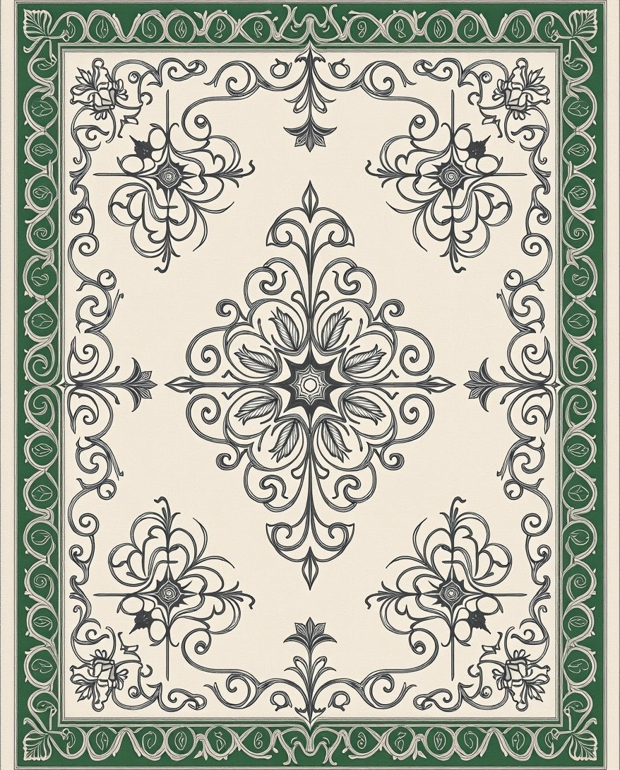 Cream Green Baroque Floral Medallion Rug