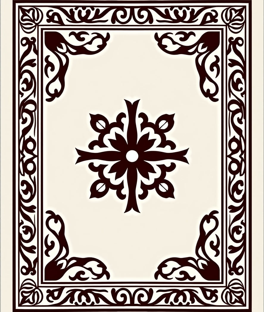 Cream and Black Floral Scroll Medallion Rug