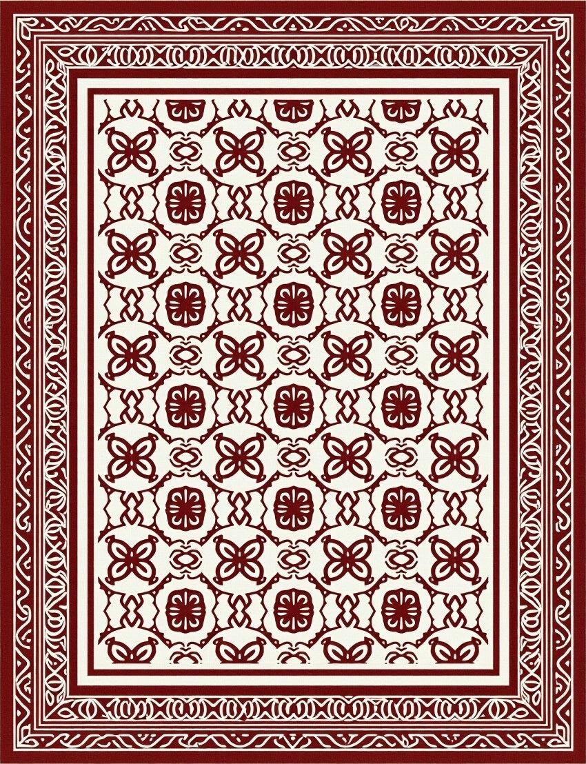 Crimson Cream Intricate Floral Border Rug