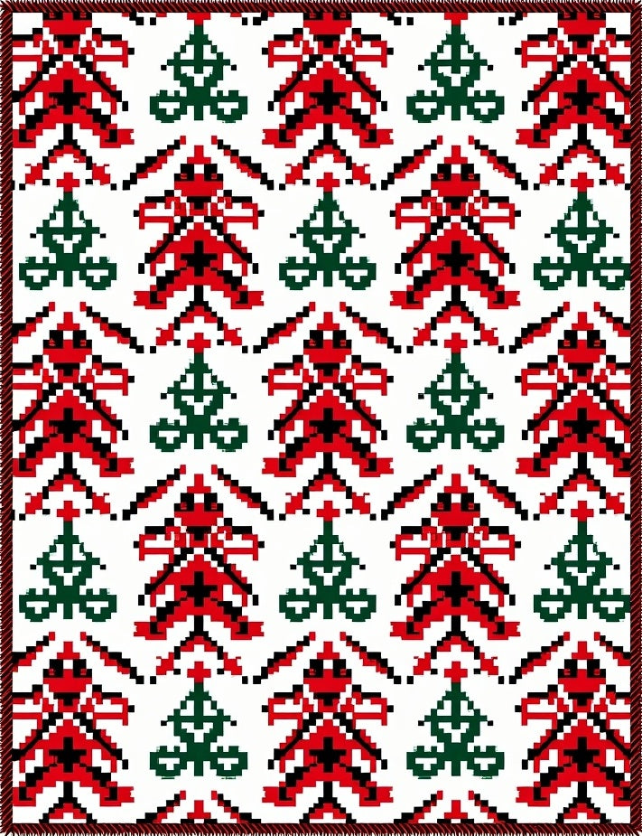 Embroidered Red Green Tree Repeat Rug