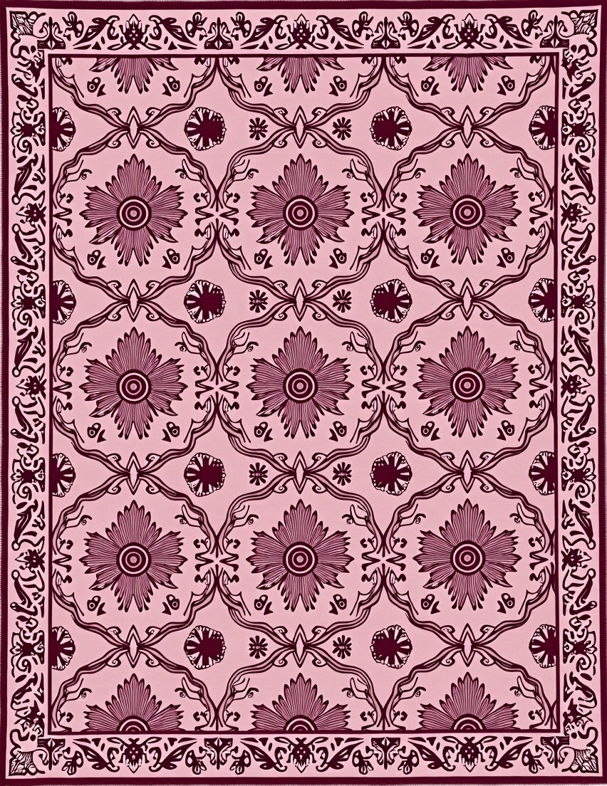 Ornate Crimson Floral Lattice Pink Rug