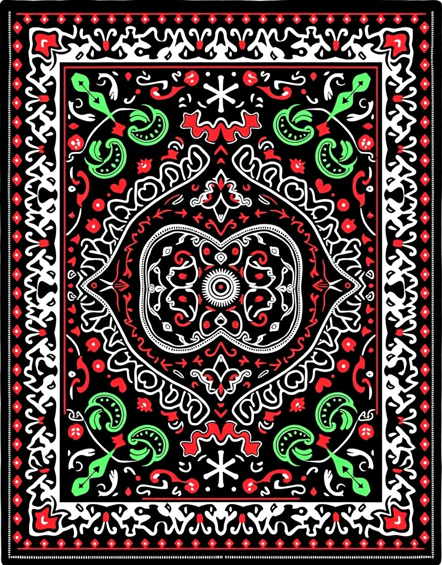 Bold Black Red Green Medallion Rug