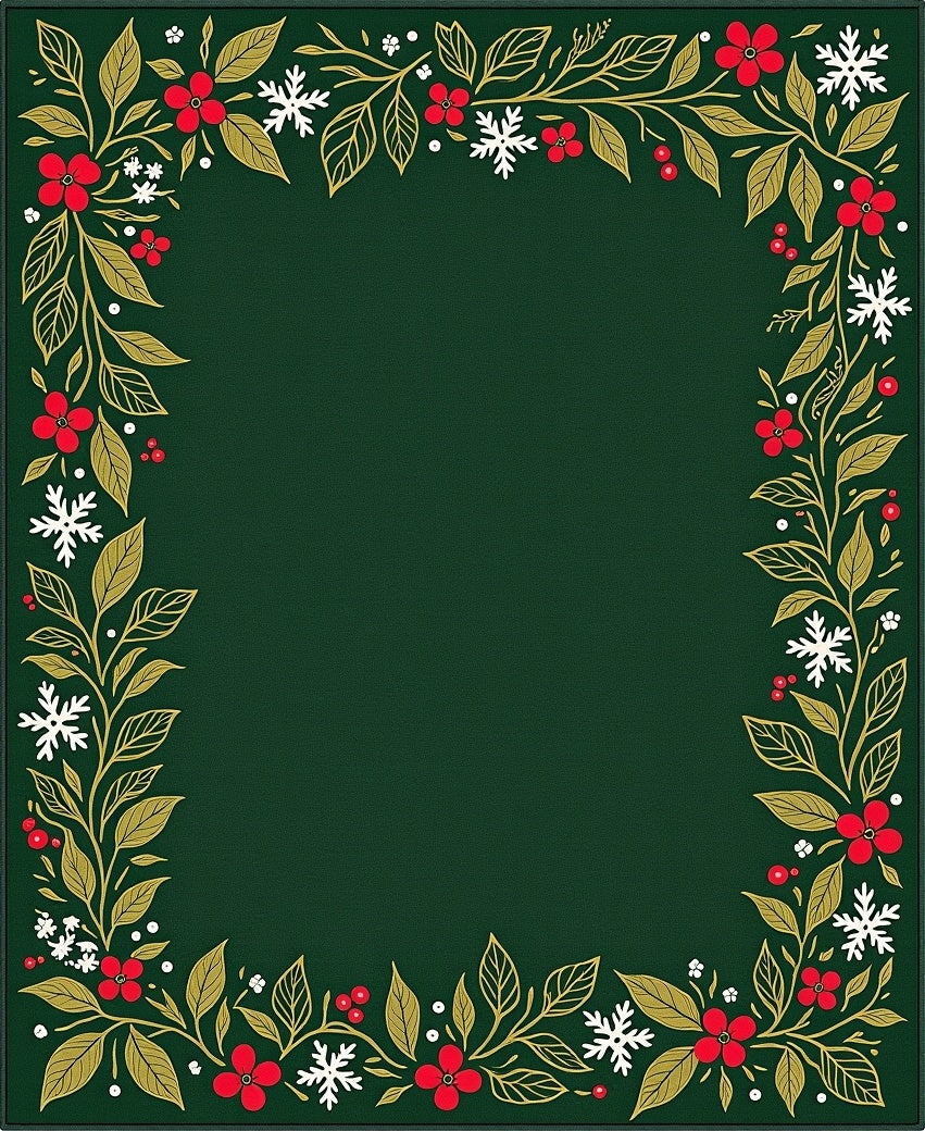 Holiday Green Floral Snowflake Border Rug
