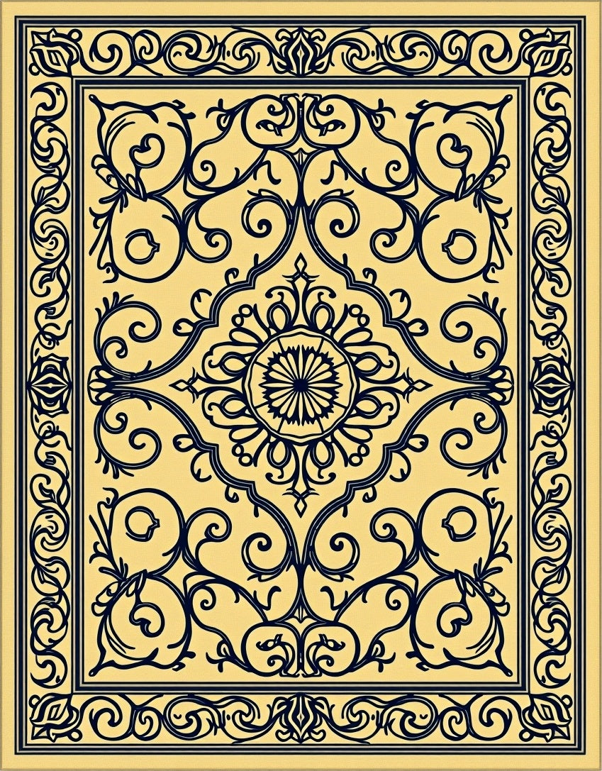 Ornate Yellow Navy Floral Medallion Rug