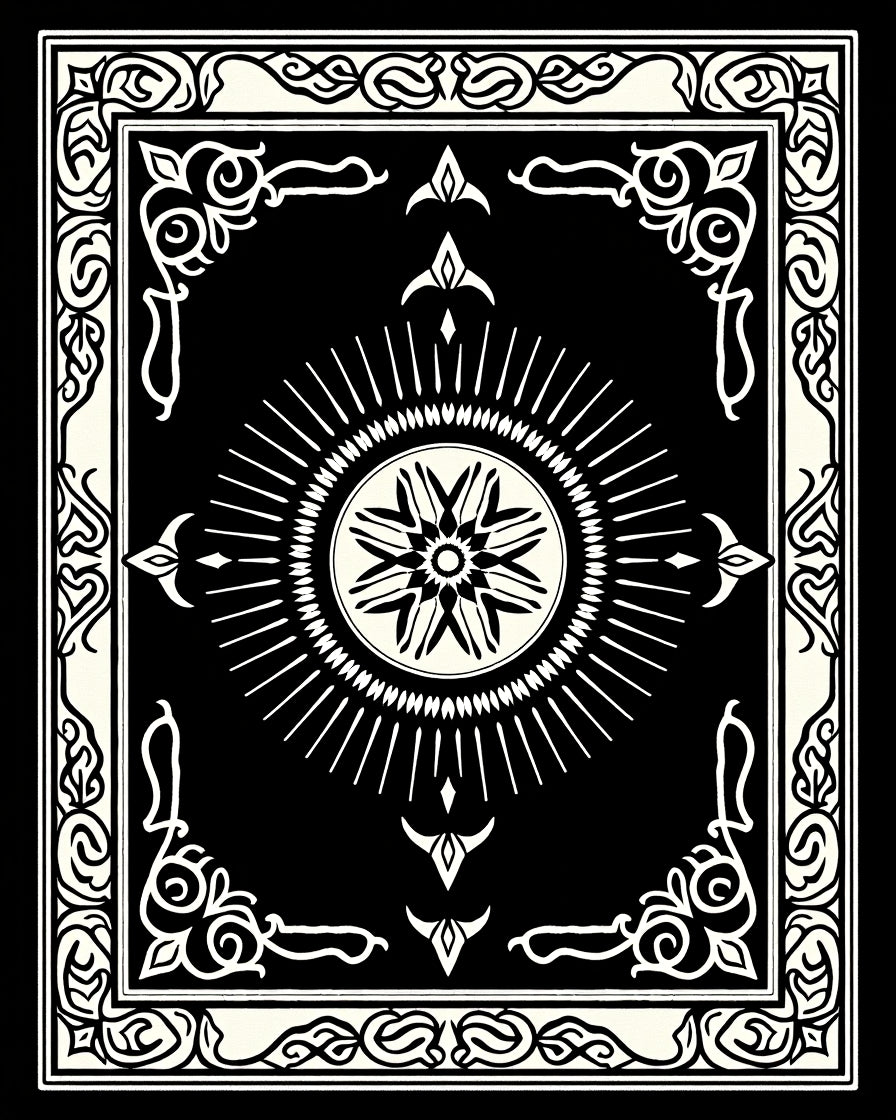 Black White Sunburst Medallion Border Rug