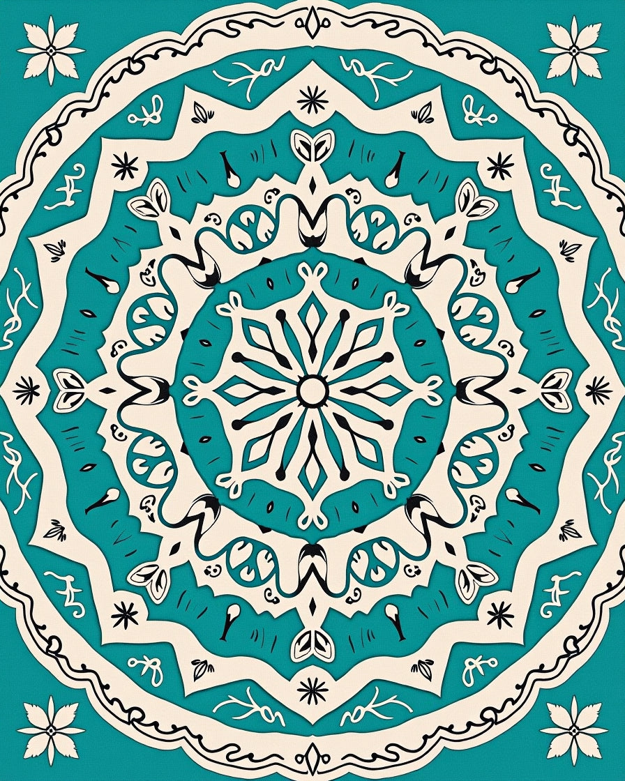 Teal Cream Intricate Floral Mandala Rug