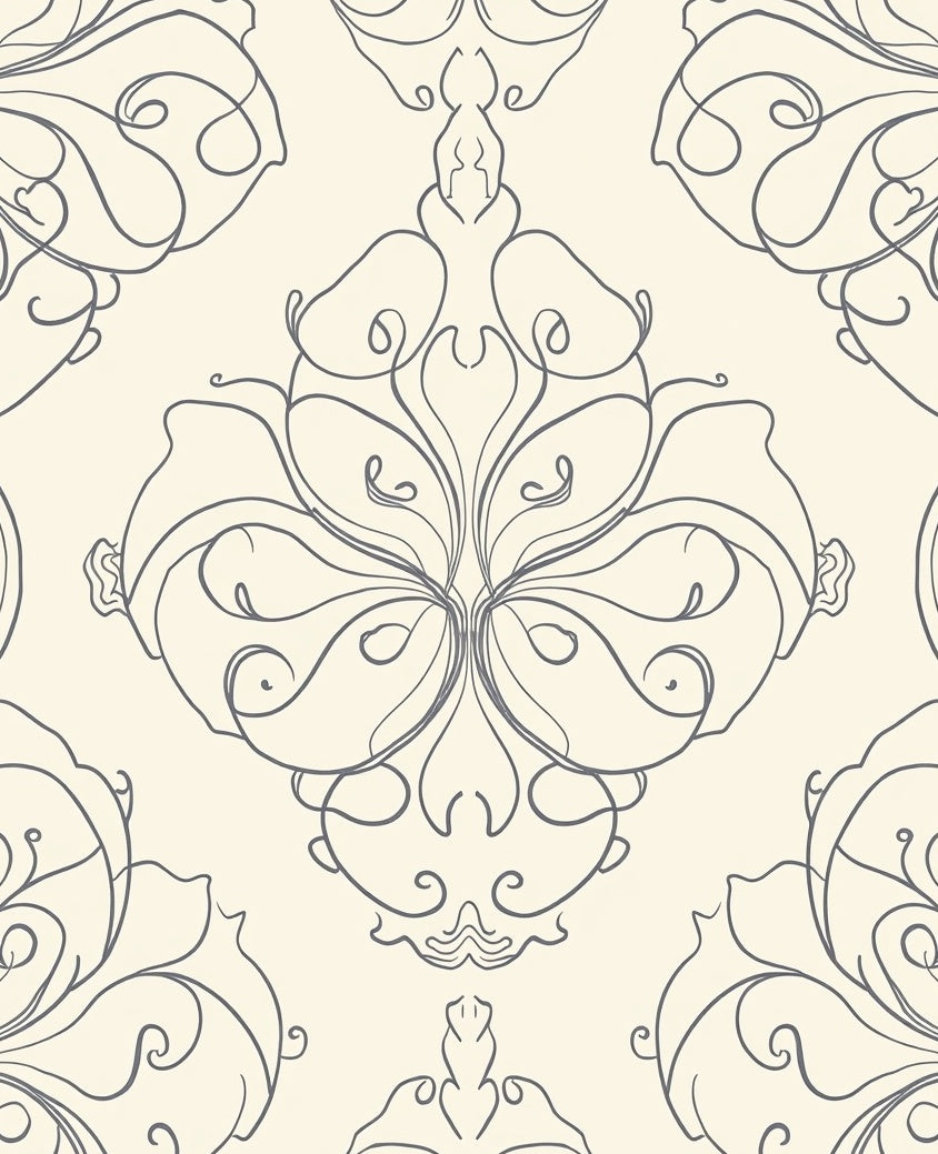 Cream Gray Swirling Damask Ornament Rug