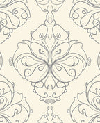 Cream Gray Swirling Damask Ornament Rug
