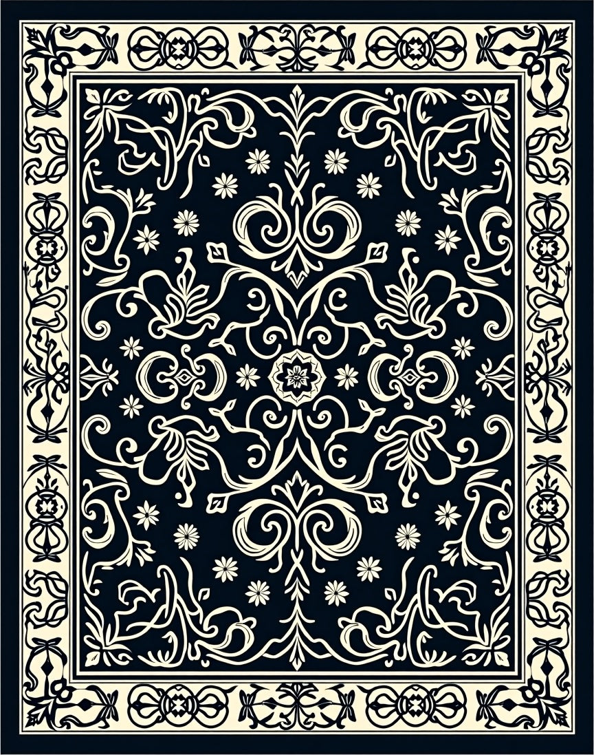 Elegant Black Cream Floral Scroll Rug