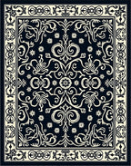 Elegant Black Cream Floral Scroll Rug