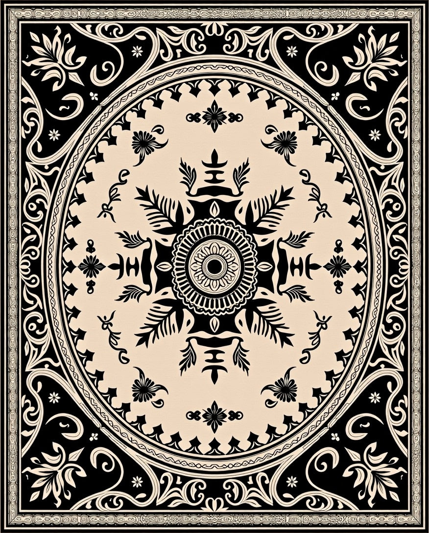 Black and Cream Floral Medallion Rug
