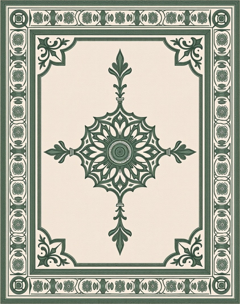 Classic Cream Green Ornamental Medallion Rug