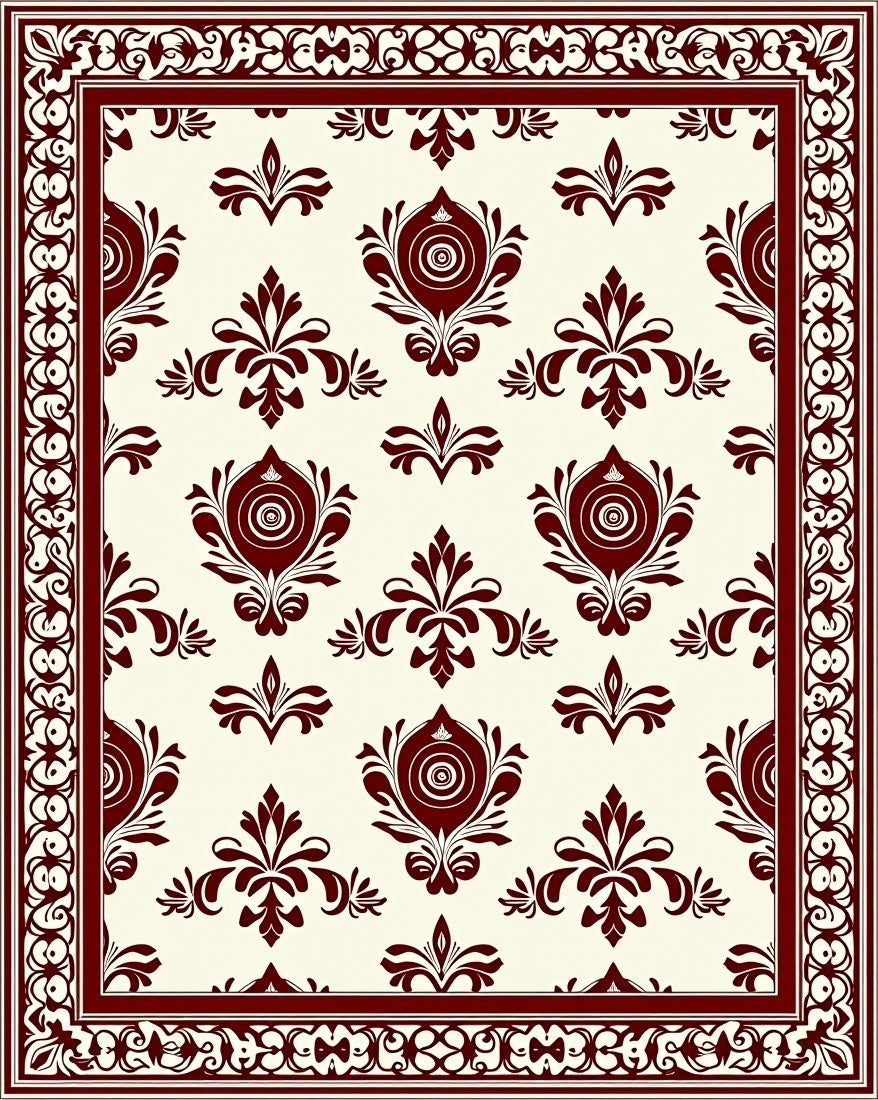 Deep Red Floral Damask Border Rug