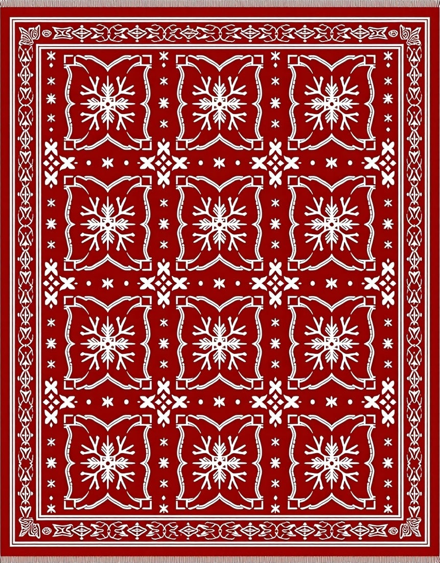 Bold White Snowflake Red Grid Rug
