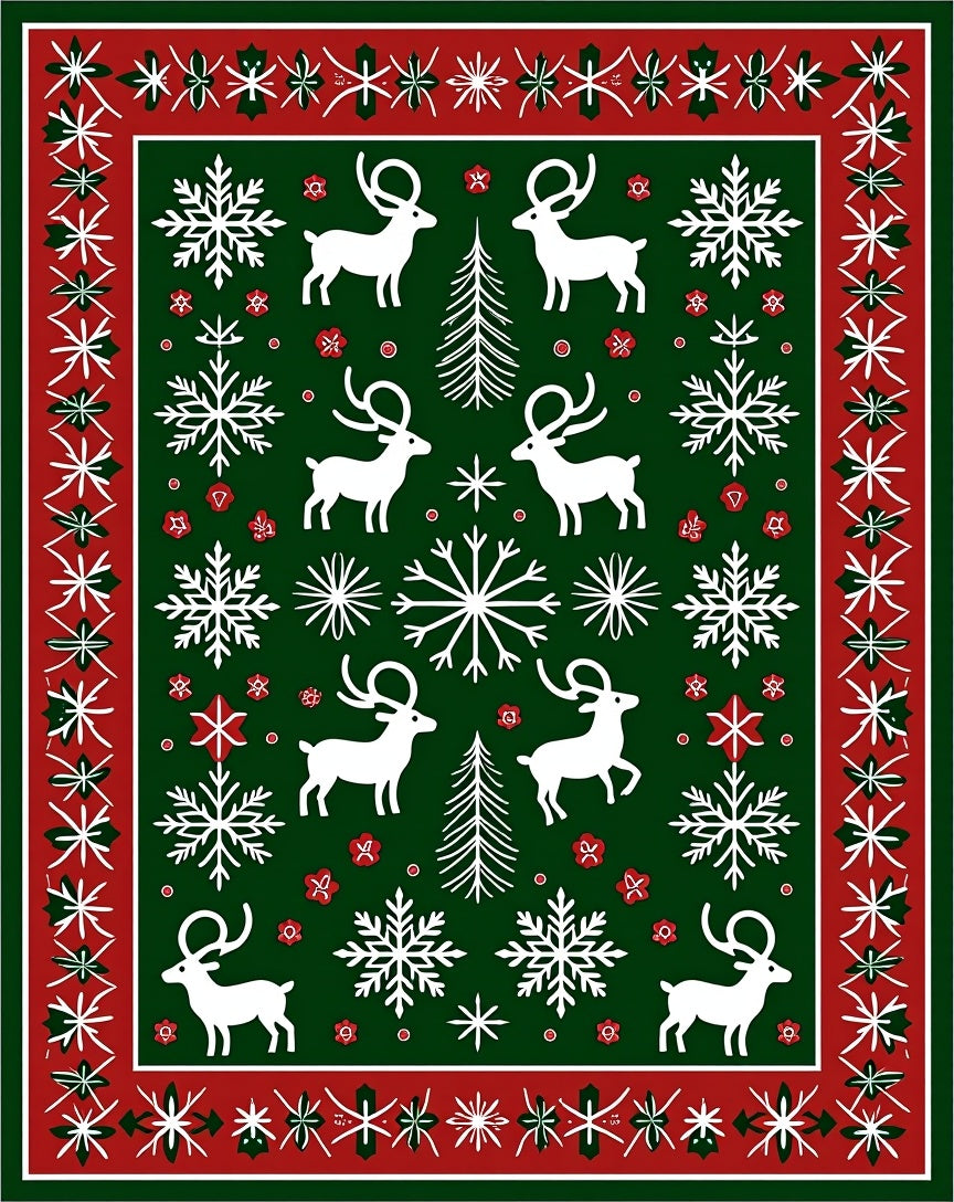 Green White Red Reindeer Snowflakes Festive Rug
