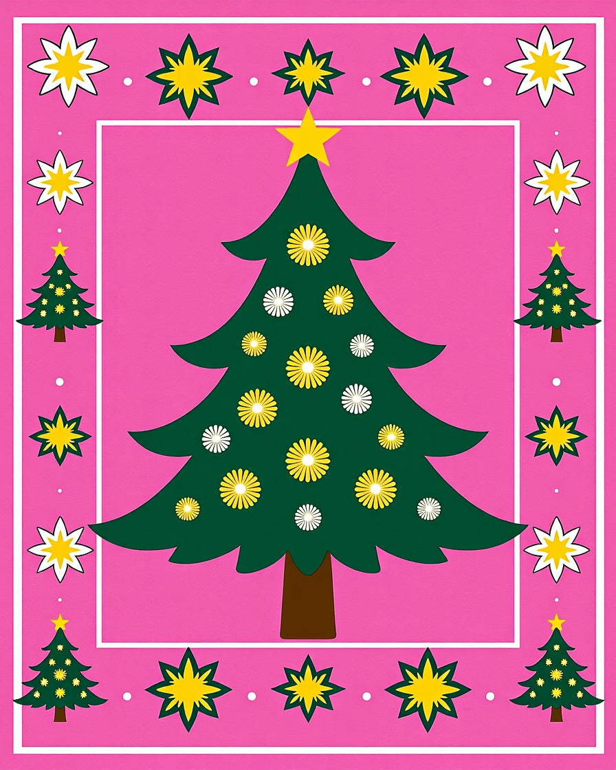 Pink Festive Christmas Tree Stars Rug