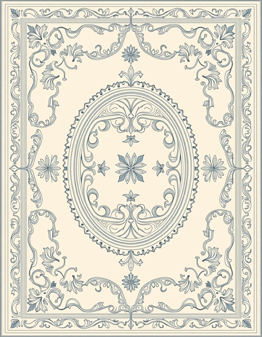 Ornate Blue Floral Scrollwork Medallion Rug