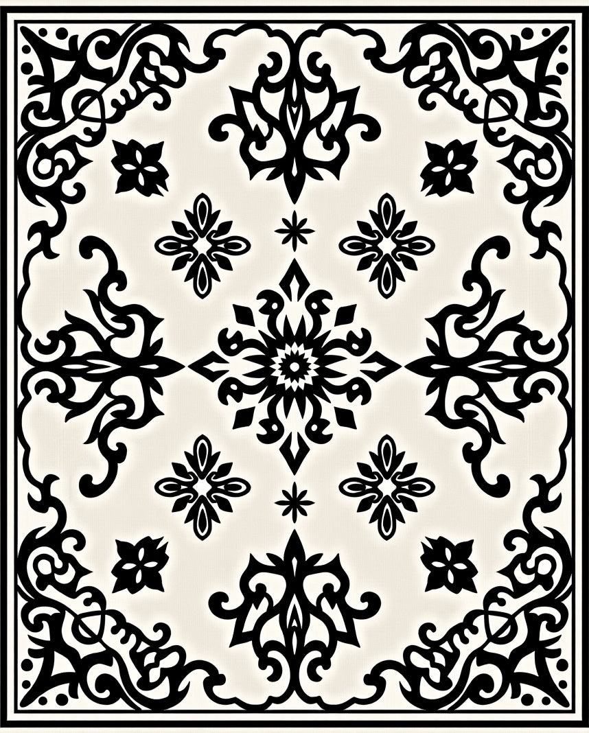 Ornate Black Cream Medallion Swirl Rug