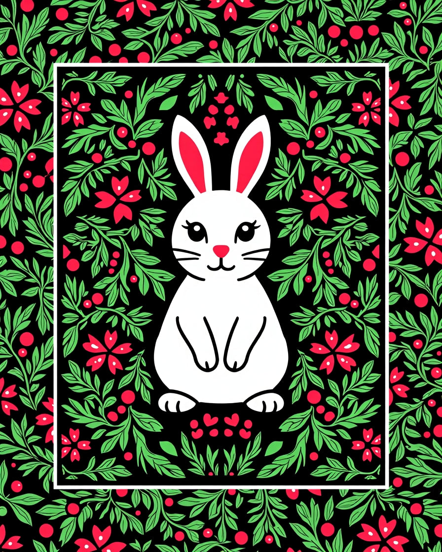 Whimsical White Bunny Red Floral Border Rug