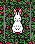 Whimsical White Bunny Red Floral Border Rug