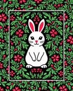 Whimsical White Bunny Red Floral Border Rug