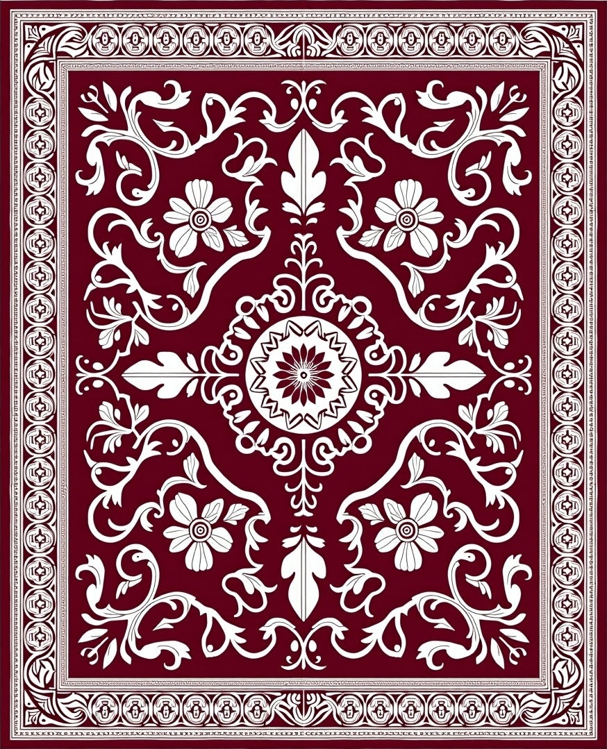 Deep Red White Floral Medallion Rug