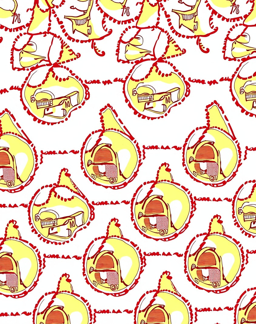 Yellow Red Mid-Century Robot Forms Rug