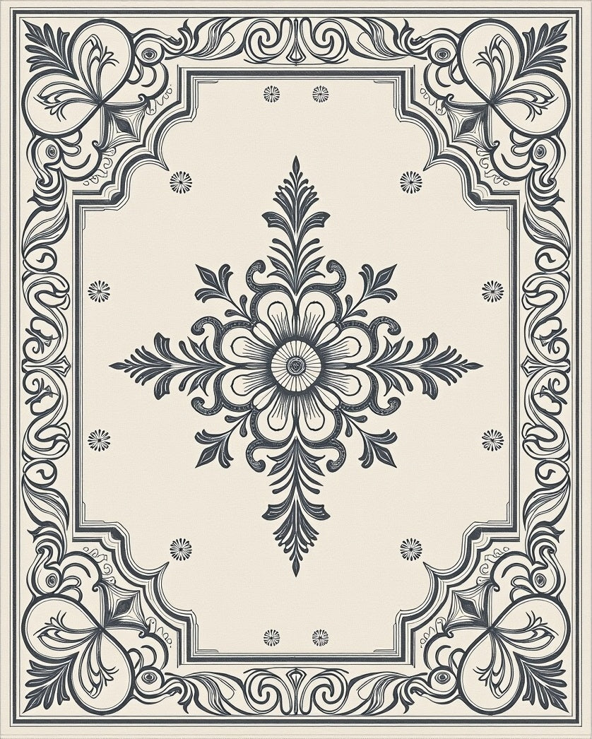 Elegant Cream Charcoal Floral Medallion Rug