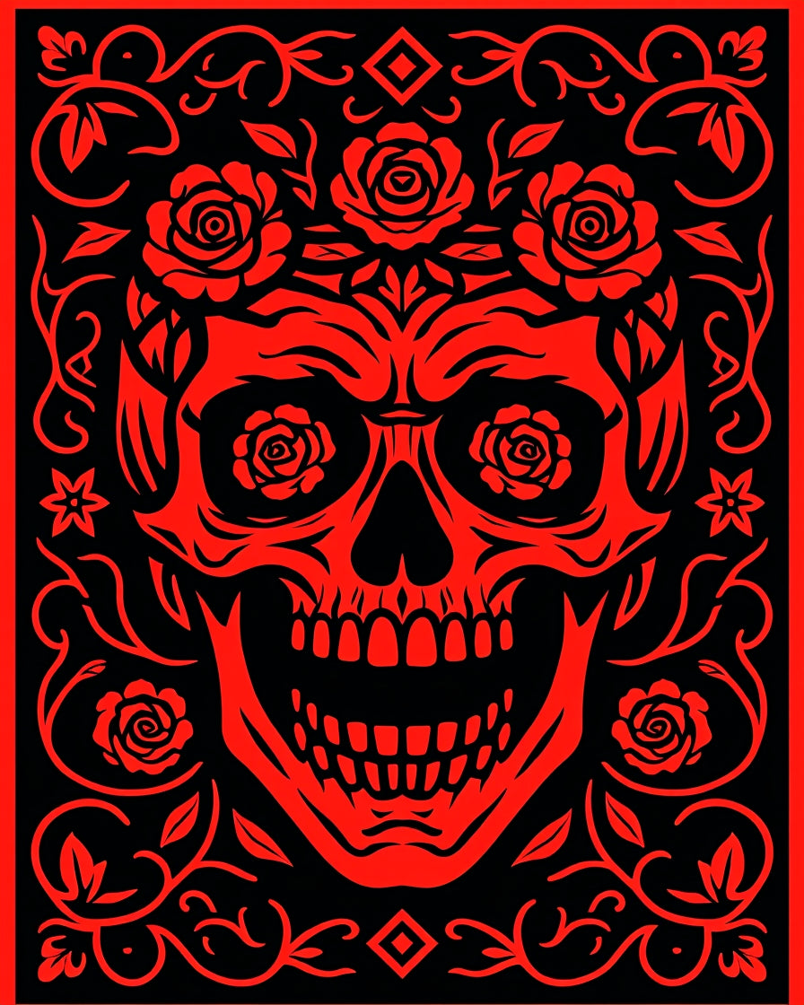 Crimson Rose Skull Floral Border Rug