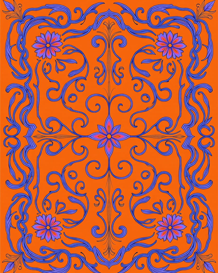 Vibrant Orange Amethyst Floral Scroll Rug