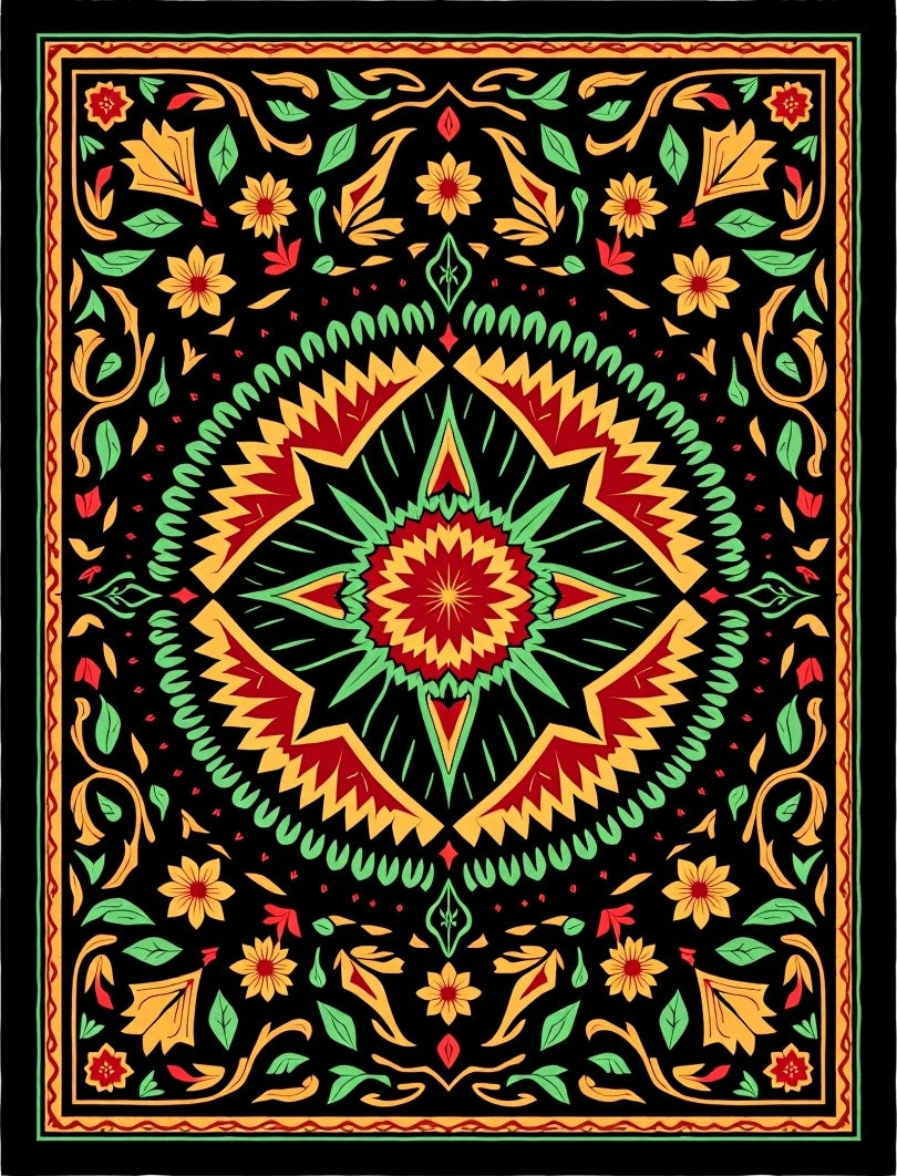 Vibrant Black Floral Sunburst Mandala Rug