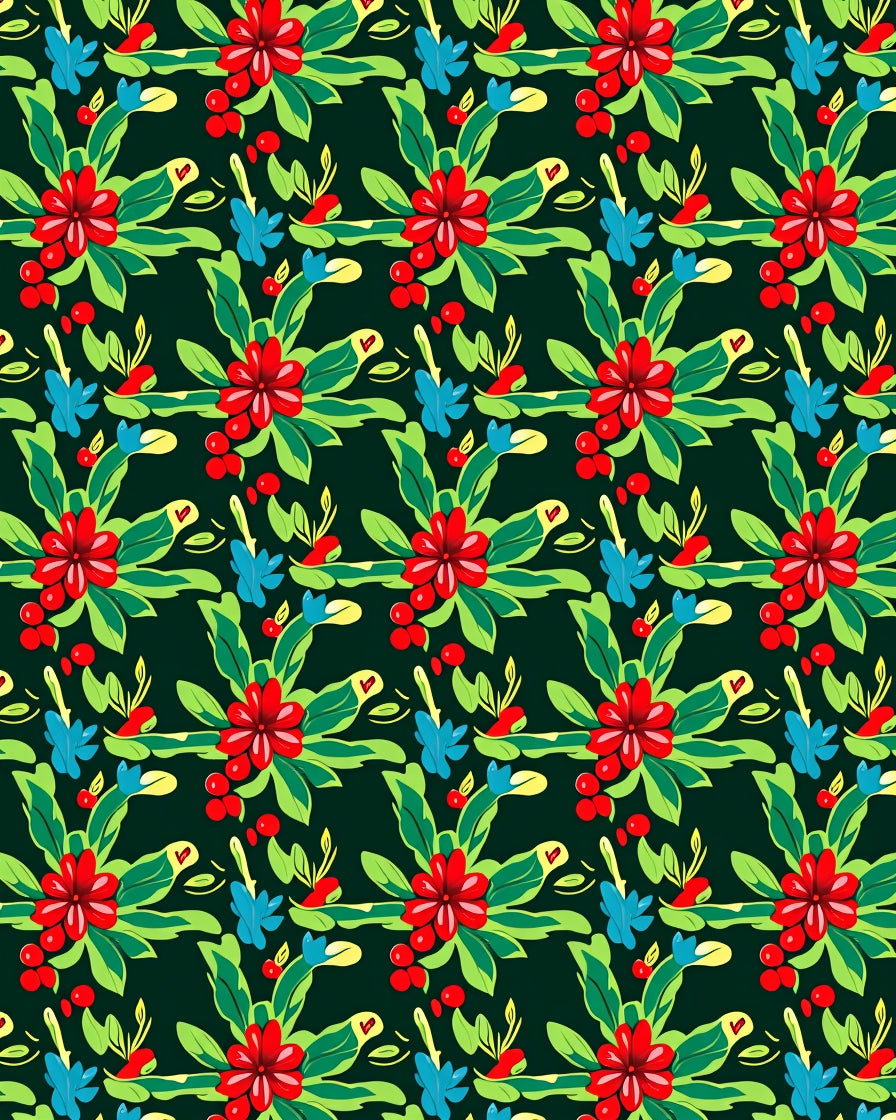 Red Floral Clusters Greenery Blue Accents Rug