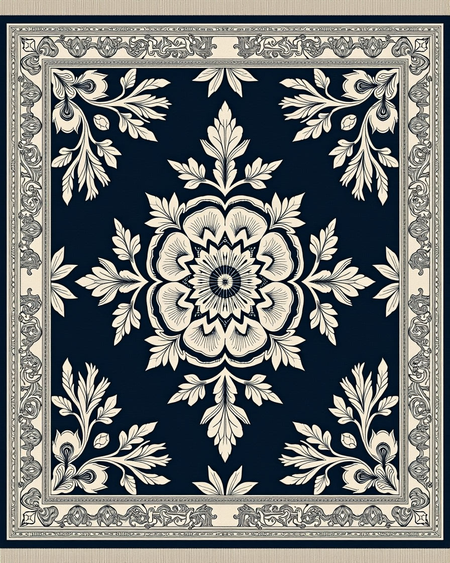 Classic Ivory Floral Medallion Navy Rug