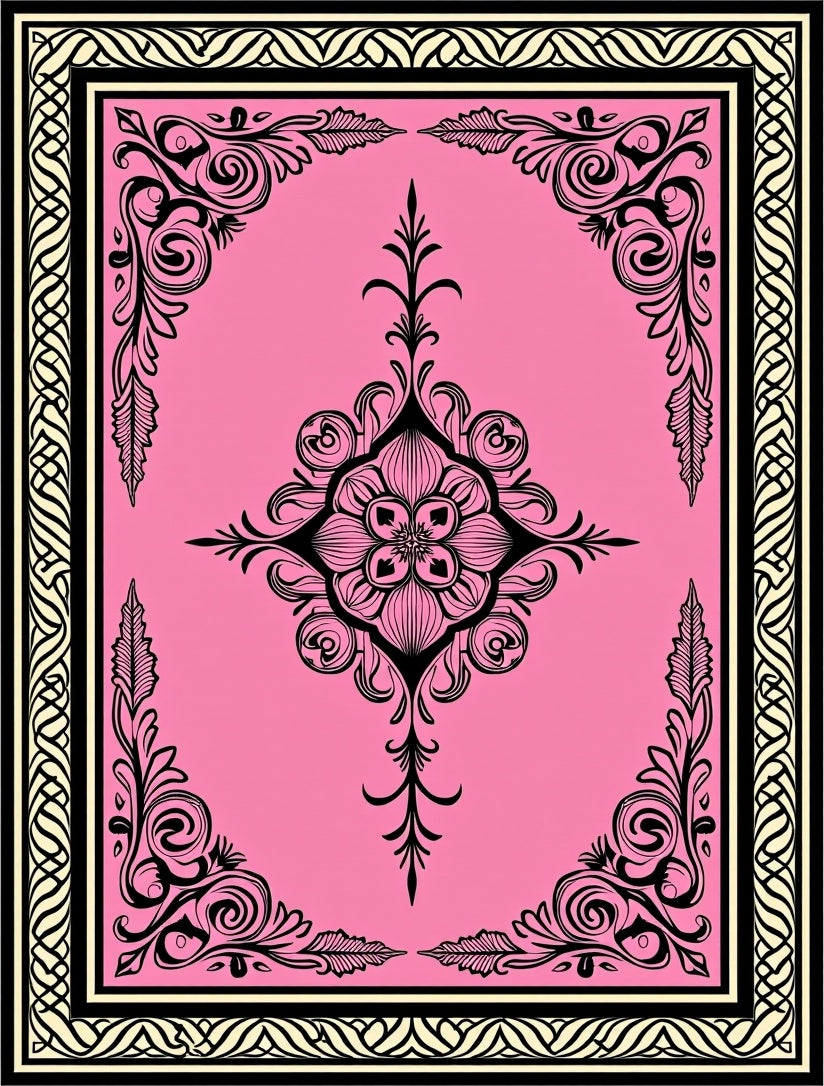 Pink Black Floral Medallion Border Rug
