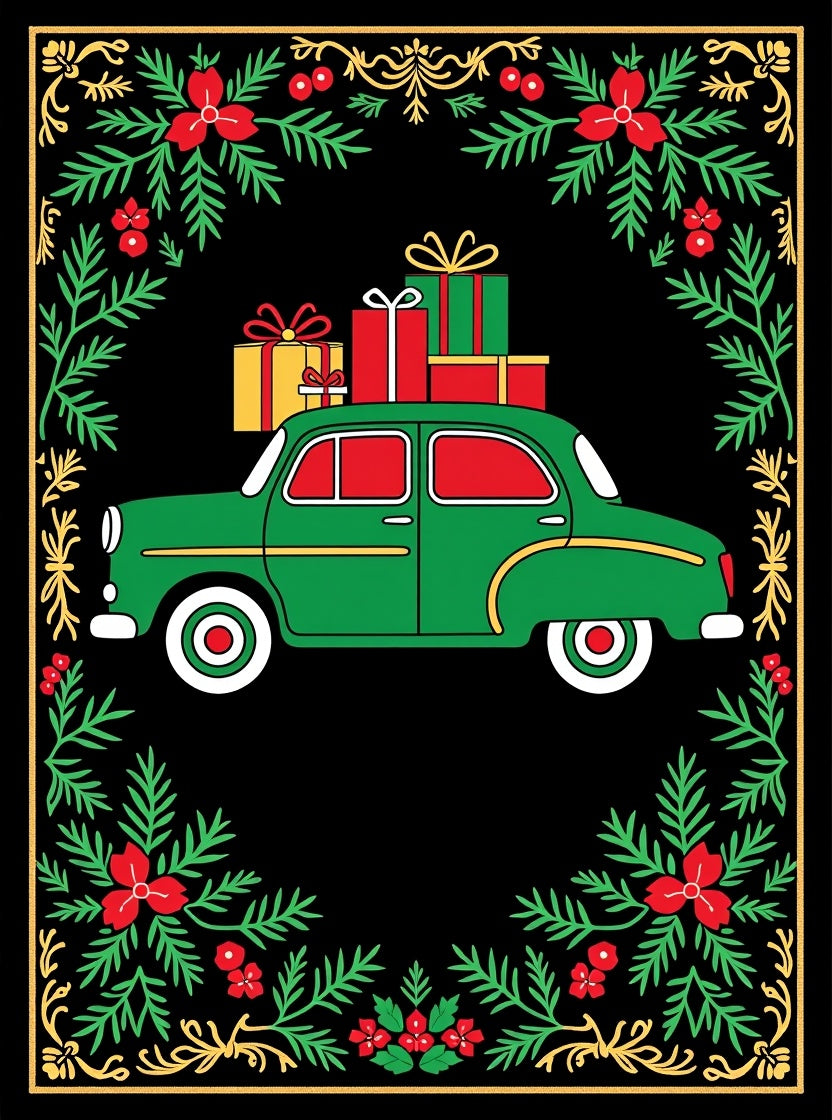 Green Car Christmas Presents Border Rug